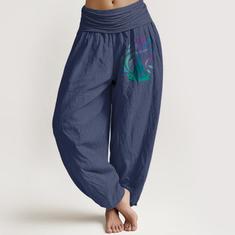 Buddha Stones Pure Cotton Simple Composition Human Figure Pattern Women's Elastic Waist Harem Pants - DarkSlateBlue - US16，UK/AU20，EU48 (3XL) - image 8