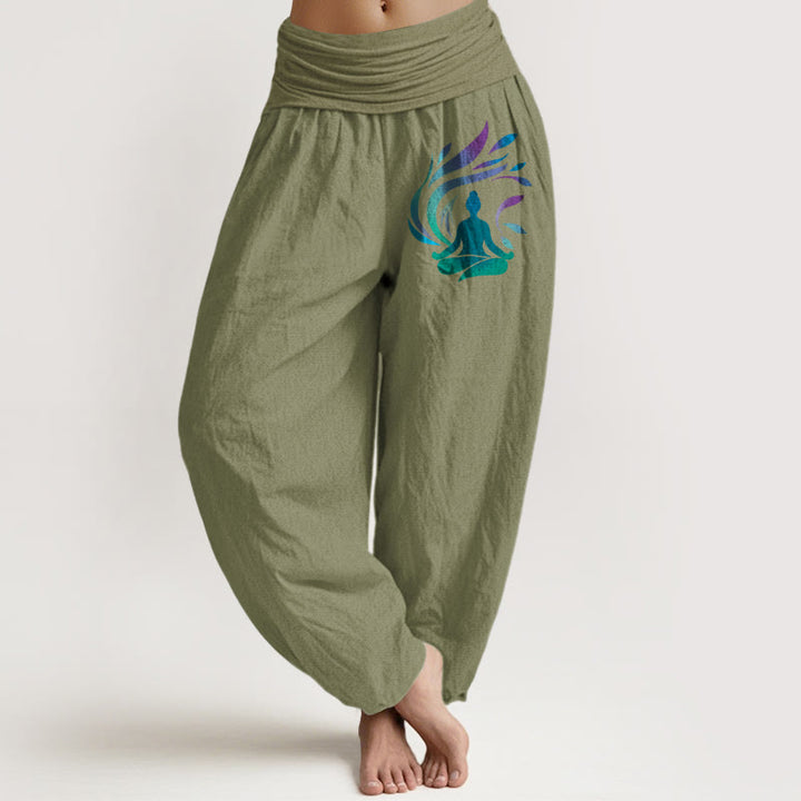 Buddha Stones Pure Cotton Simple Composition Human Figure Pattern Women's Elastic Waist Harem Pants - OliveDrab - US16，UK/AU20，EU48 (3XL) - image 14