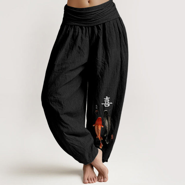 Buddha Stones Pure Cotton Concise Koi Fish Chinese Character Pattern Women's Elastic Waist Harem Pants - Black - US16，UK/AU20，EU48 (3XL) - image 5