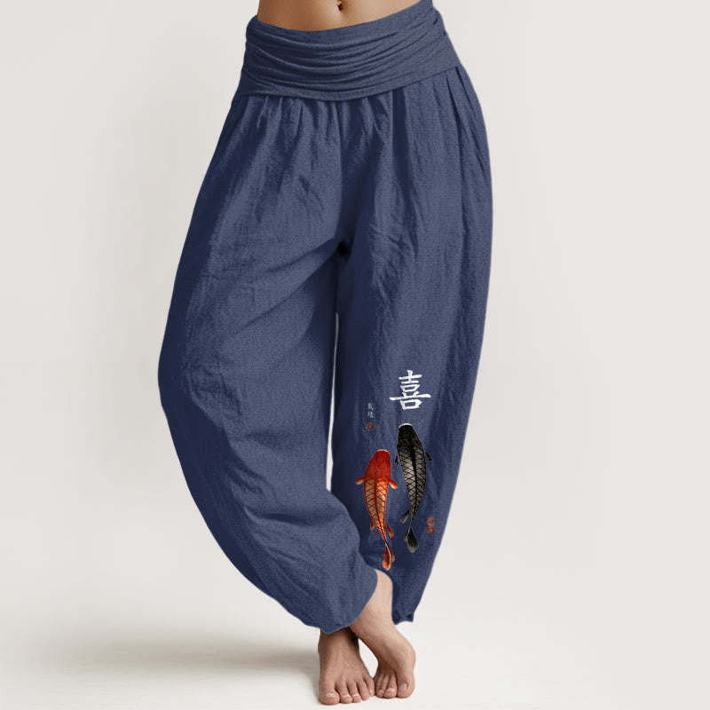 Buddha Stones Pure Cotton Concise Koi Fish Chinese Character Pattern Women's Elastic Waist Harem Pants - DarkSlateBlue - US16，UK/AU20，EU48 (3XL) - image 8