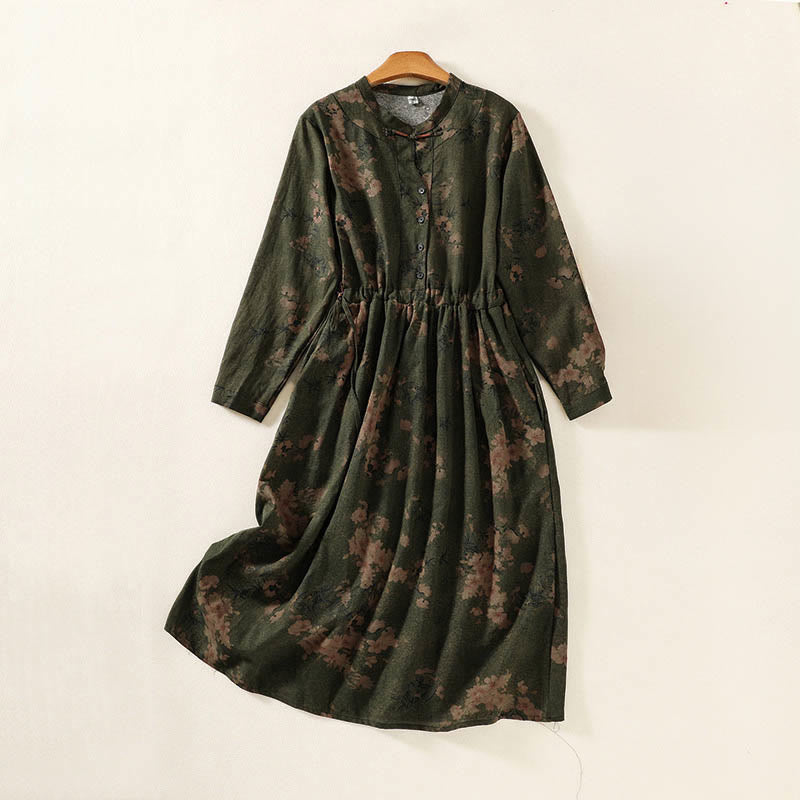 Buddha Stones Casual Flower Printed Pattern Buttons Design Long Sleeve Midi Dress With Pockets - OliveDrab - US12，UK/AU16，EU44 (2XL) - image 0