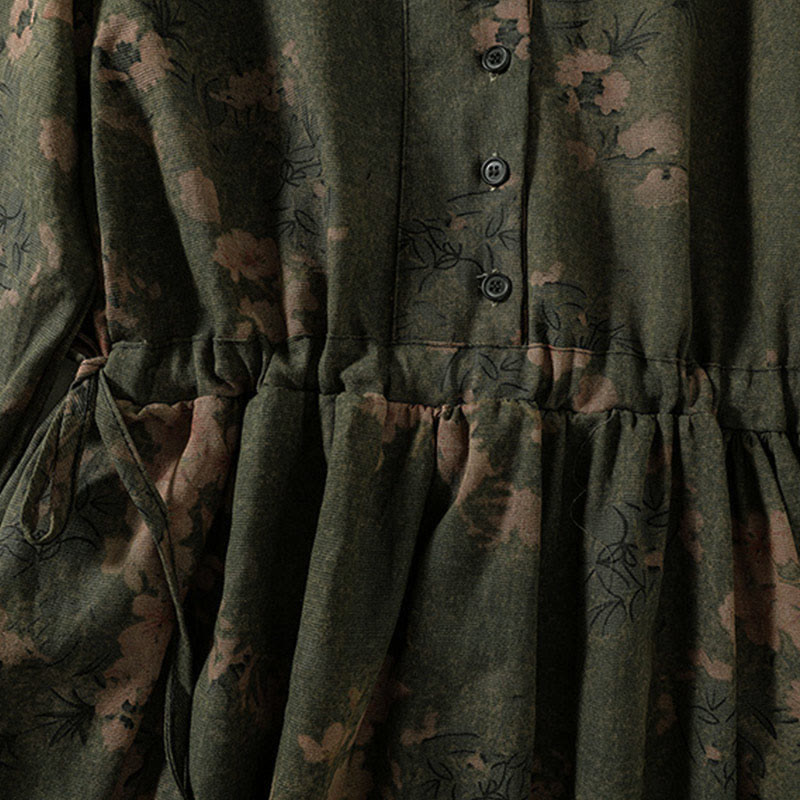 Buddha Stones Casual Flower Printed Pattern Buttons Design Long Sleeve Midi Dress With Pockets - image 5