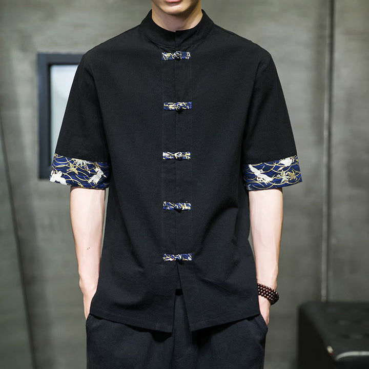 Buddha Stones Solid Color Frog-Button Stand Collar Men's Short Sleeve White Crane Cotton Shirt - Black - US/UK/AU46，EU56 (5XL) - image 0