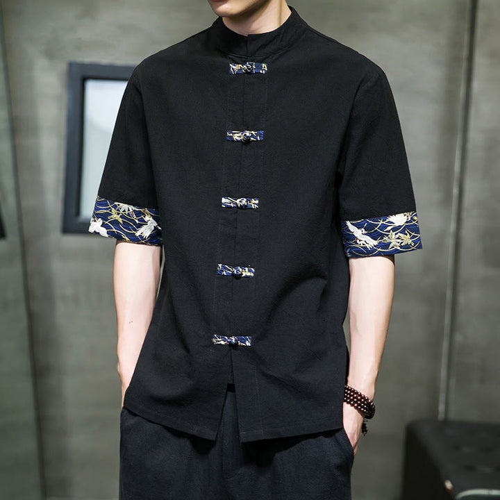 Buddha Stones Solid Color Frog-Button Stand Collar Men's Short Sleeve White Crane Cotton Shirt - image 5