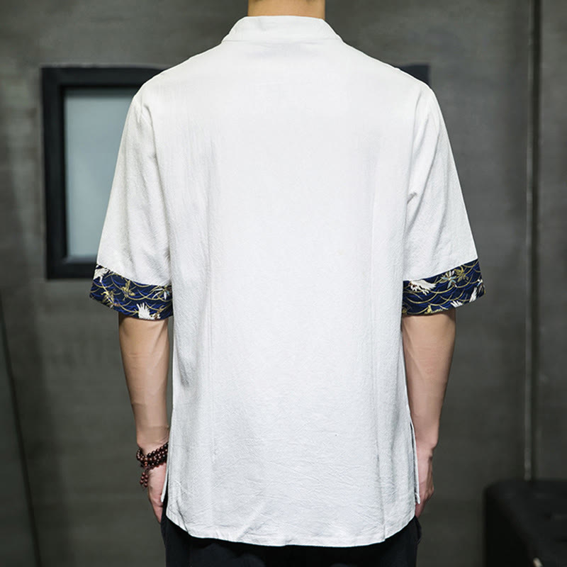 Buddha Stones Solid Color Frog-Button Stand Collar Men's Short Sleeve White Crane Cotton Shirt - image 12