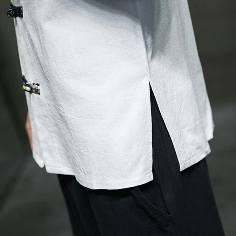 Buddha Stones Solid Color Frog-Button Stand Collar Men's Short Sleeve White Crane Cotton Shirt - image 18