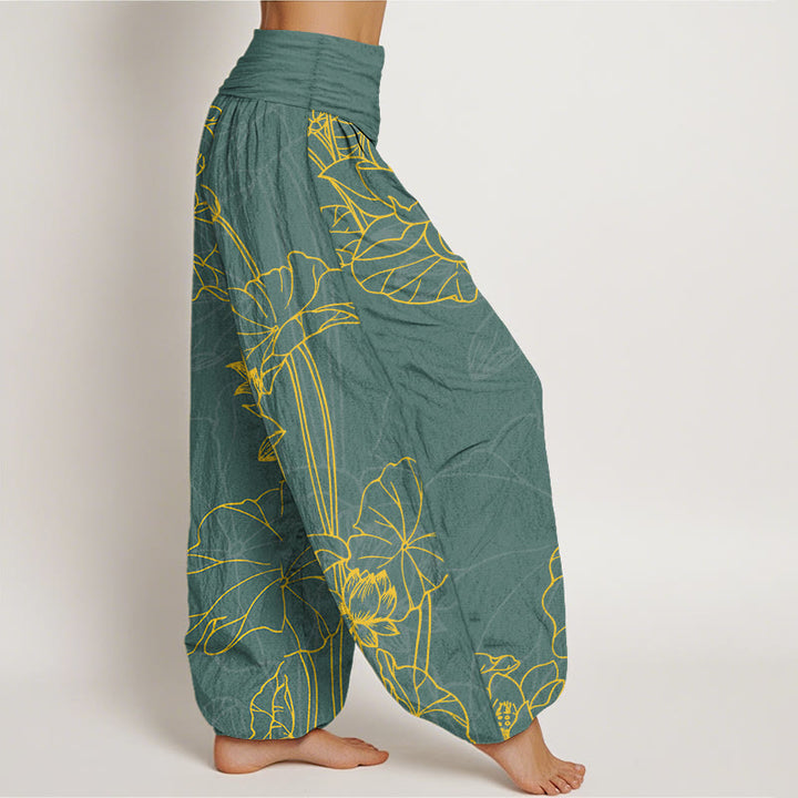 Buddha Stones Pure Cotton Concise Lotus Flower Leaf Pod Bud Pattern Women's Elastic Waist Harem Pants - image 2