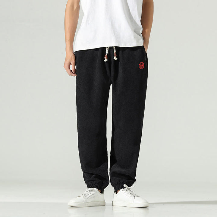 Buddha Stones Fall Plain Corduroy Embroidery Design Men's Harem Pants With Pockets - Black - US/UK/AU46，EU56 (5XL) - image 7