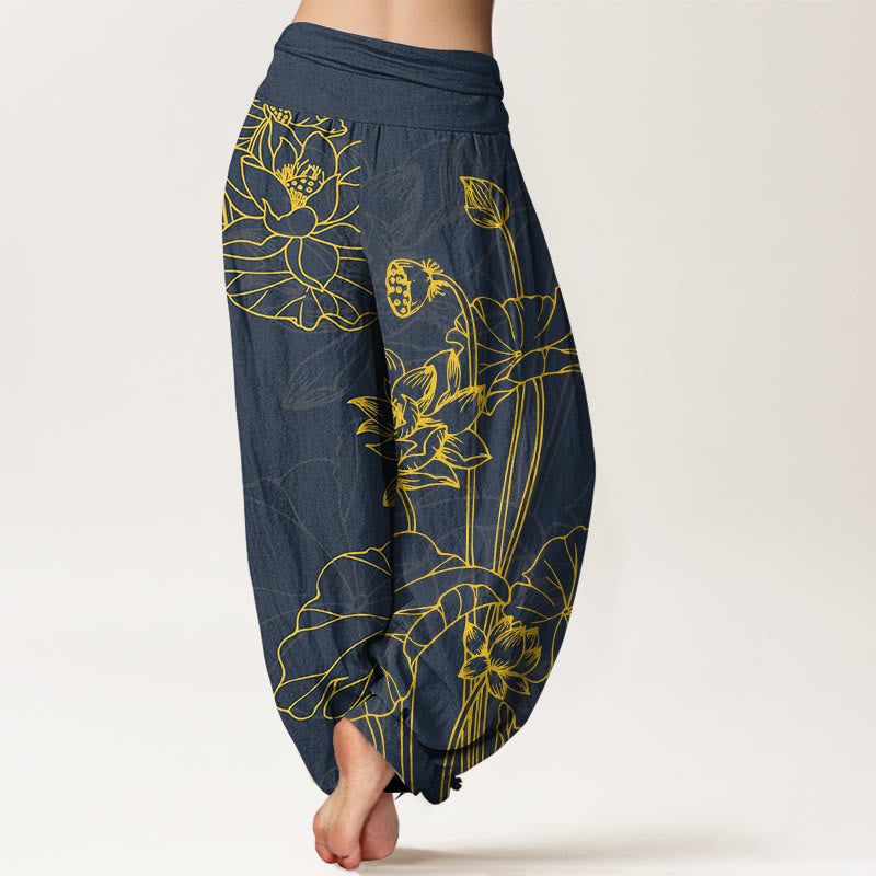 Buddha Stones Pure Cotton Concise Lotus Flower Leaf Pod Bud Pattern Women's Elastic Waist Harem Pants - image 6