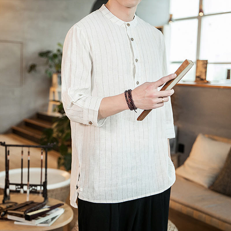 Buddha Stones Plaid Half Buttons Stand Collar Three Quarter Sleeve Cotton Men's Shirt - image 13