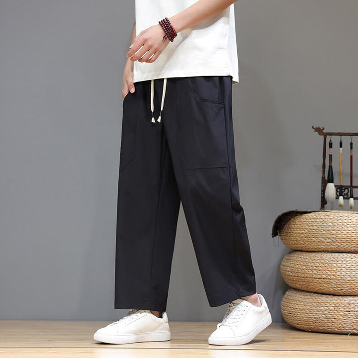 Buddha Stones Summer Solid Color Drawstring Straight Leg 7-8 Length Men's Pants With Pockets - Black - US/UK/AU46，EU56 (5XL) - image 16