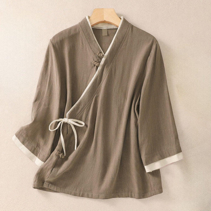 Buddha Stones Retro Lace-up Frog-Button Design Women's Three Quarter Sleeve Shirt - Tan - US8-10，UK/AU12-14，EU40-42 (2XL) - image 14