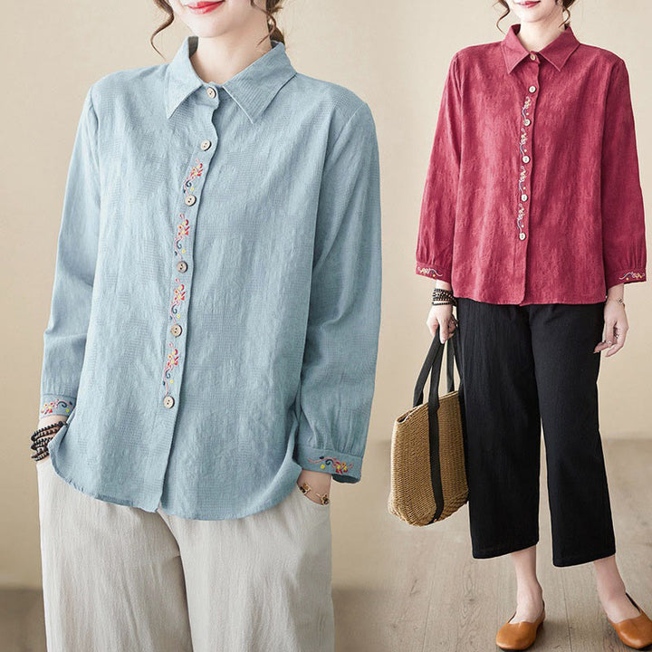 Buddha Stones Spring Plain Embroidered Flower Pattern Button Women's Long Sleeve Cotton Lapel Shirt - image 28