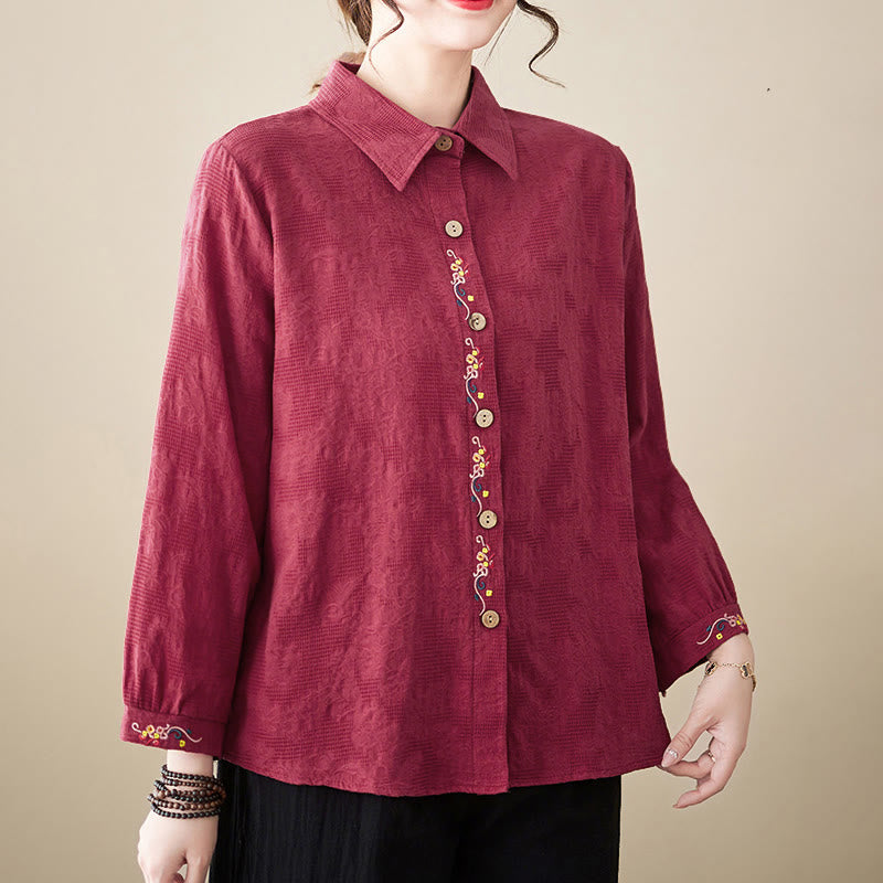 Buddha Stones Spring Plain Embroidered Flower Pattern Button Women's Long Sleeve Cotton Lapel Shirt - image 26