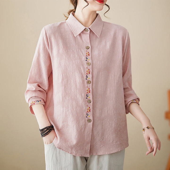 Buddha Stones Spring Plain Embroidered Flower Pattern Button Women's Long Sleeve Cotton Lapel Shirt - LightPink - US12，UK/AU16，EU44 (3XL) - image 7