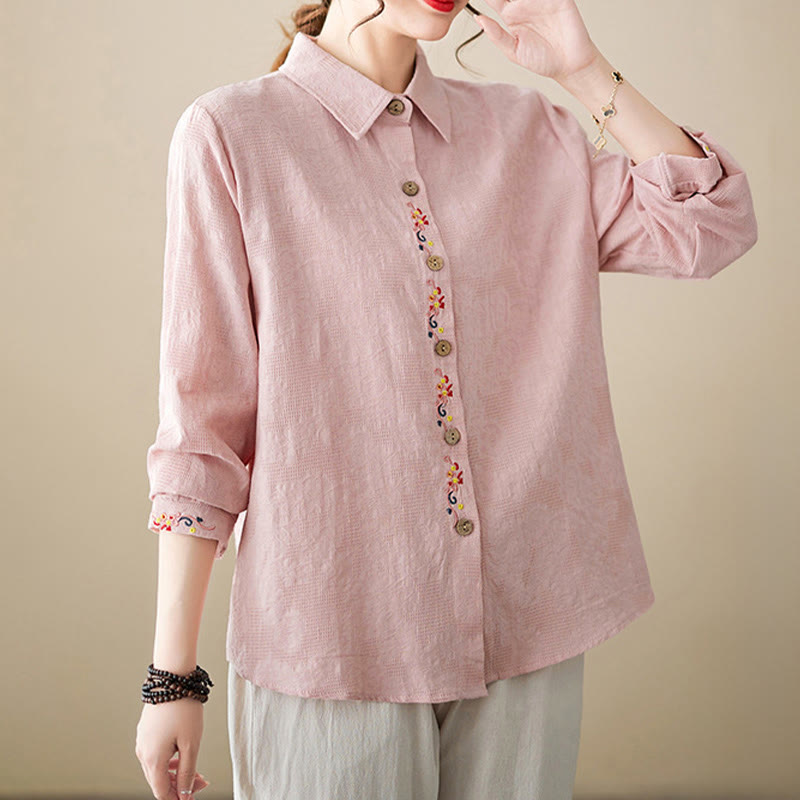 Buddha Stones Spring Plain Embroidered Flower Pattern Button Women's Long Sleeve Cotton Lapel Shirt - image 10