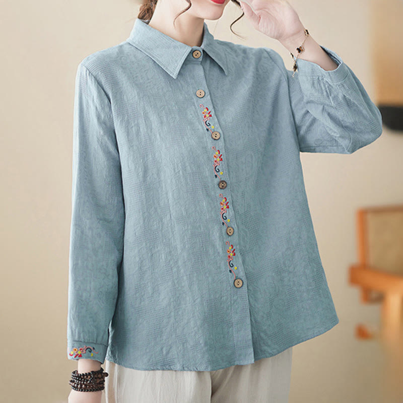 Buddha Stones Spring Plain Embroidered Flower Pattern Button Women's Long Sleeve Cotton Lapel Shirt - image 5