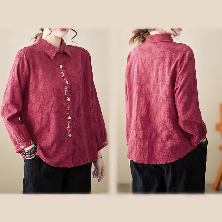 Buddha Stones Spring Plain Embroidered Flower Pattern Button Women's Long Sleeve Cotton Lapel Shirt - image 27