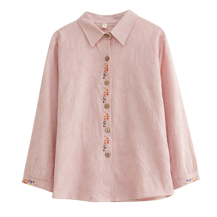 Buddha Stones Spring Plain Embroidered Flower Pattern Button Women's Long Sleeve Cotton Lapel Shirt - image 22