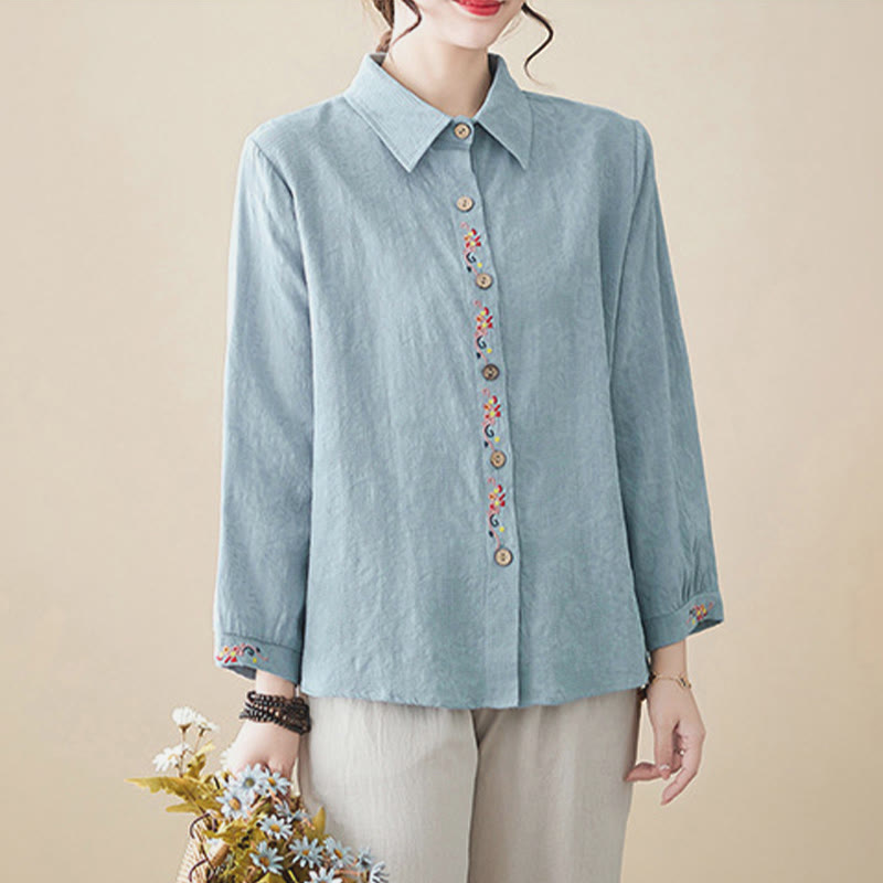 Buddha Stones Spring Plain Embroidered Flower Pattern Button Women's Long Sleeve Cotton Lapel Shirt - image 3