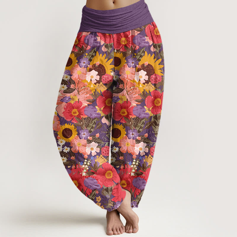 Buddha Stones Pure Cotton Colorful Sunflower Daisy Small Red Purple Flowers Pattern Women's Elastic Waist Harem Pants - DarkOrchid - US16，UK/AU20，EU48 (3XL) - image 5