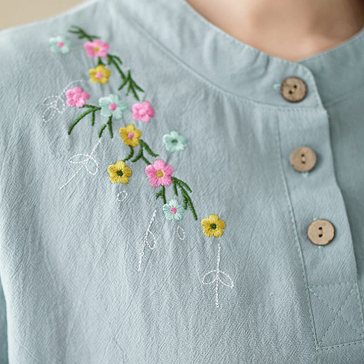 Buddha Stones Women's Spring Embroidered Flower Pattern Stand Collar Long Sleeve Cotton Shirt - image 13