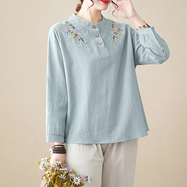 Buddha Stones Women's Spring Embroidered Flower Pattern Stand Collar Long Sleeve Cotton Shirt - image 8