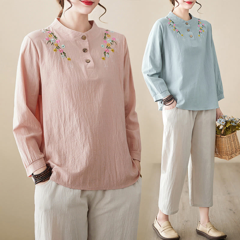 Buddha Stones Women's Spring Embroidered Flower Pattern Stand Collar Long Sleeve Cotton Shirt - image 27