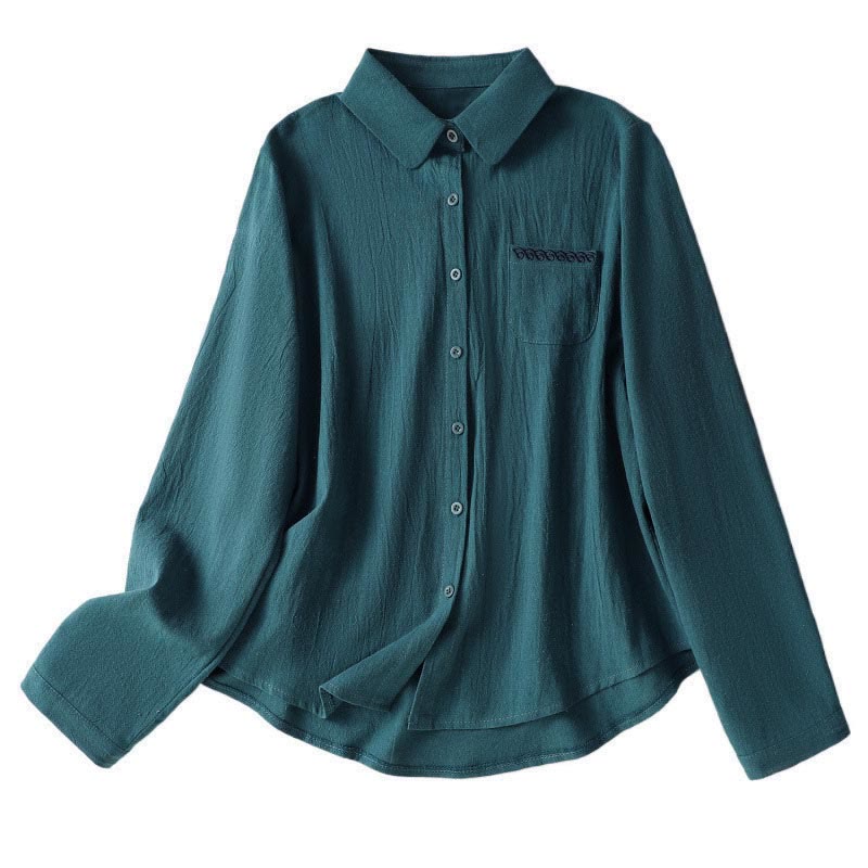 Buddha Stones Women's Spring Retro Plain Simple Embroidery Design Long Sleeve Cotton Shirt With Pocket - image 25