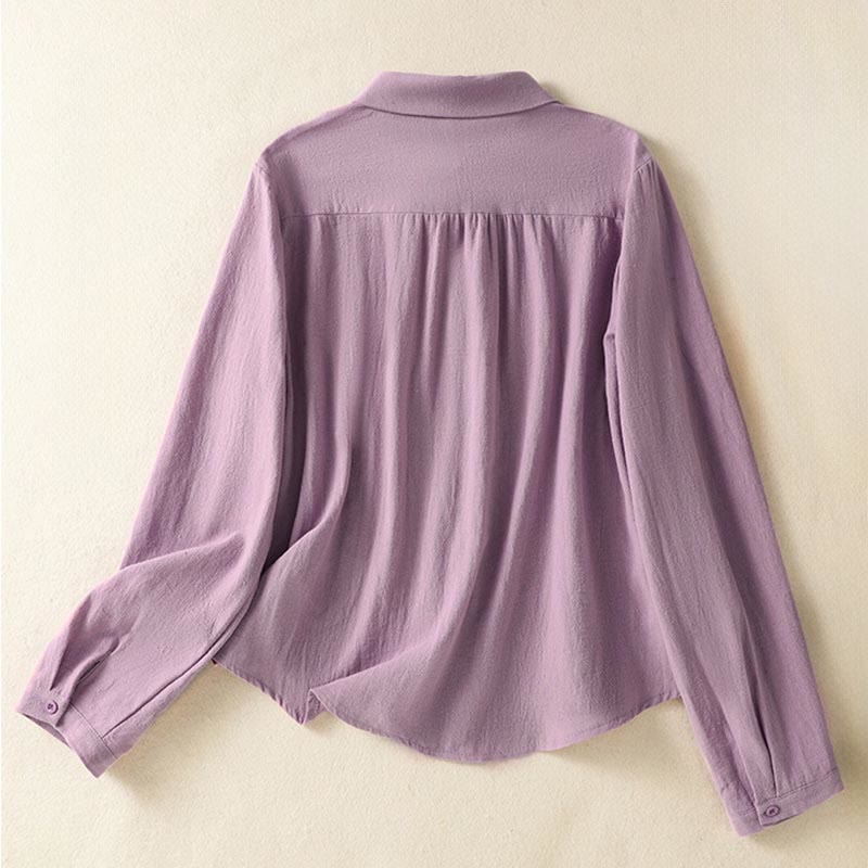 Buddha Stones Women's Spring Retro Plain Simple Embroidery Design Long Sleeve Cotton Shirt With Pocket - image 1