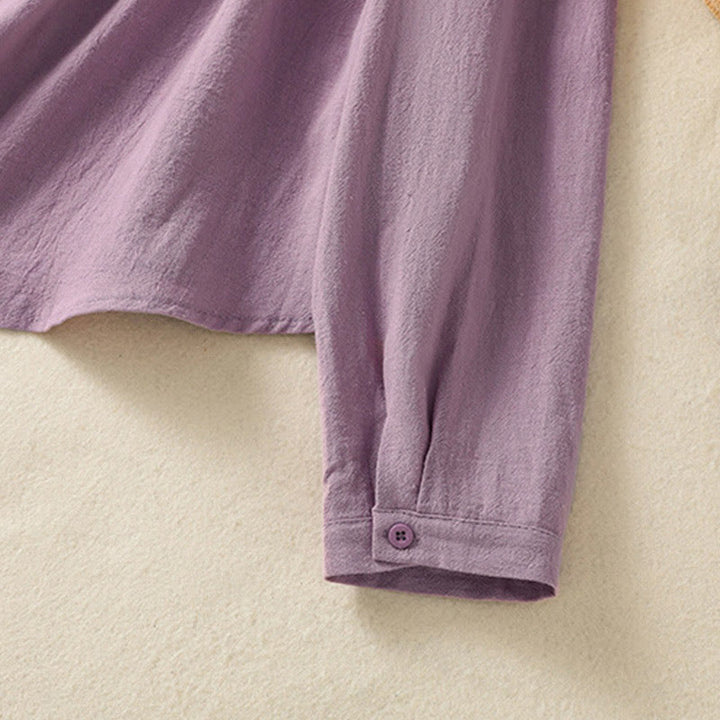 Buddha Stones Women's Spring Retro Plain Simple Embroidery Design Long Sleeve Cotton Shirt With Pocket - image 6