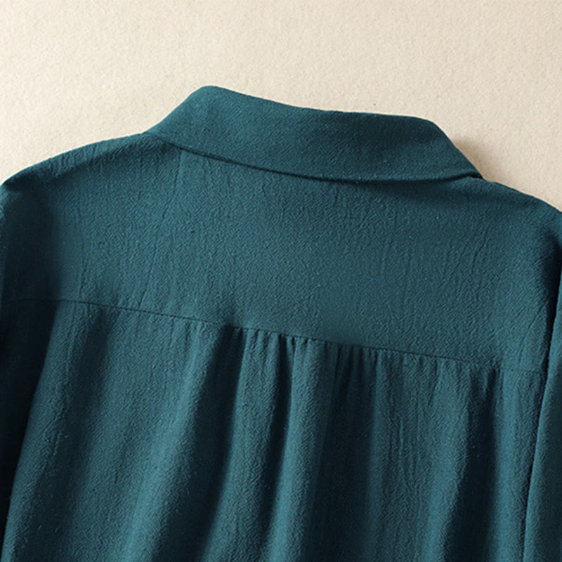 Buddha Stones Women's Spring Retro Plain Simple Embroidery Design Long Sleeve Cotton Shirt With Pocket - image 19