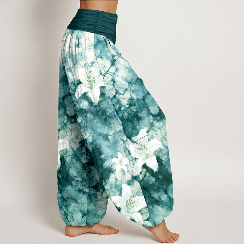Buddha Stones Pure Cotton Watercolor Style Lily Pattern Women's Elastic Waist Harem Pants - image 10