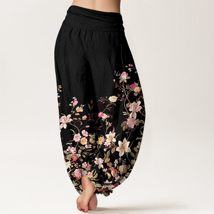 Buddha Stones Pure Cotton Exquisite Colorful Flower Pattern Women's Elastic Waist Harem Pants - image 1