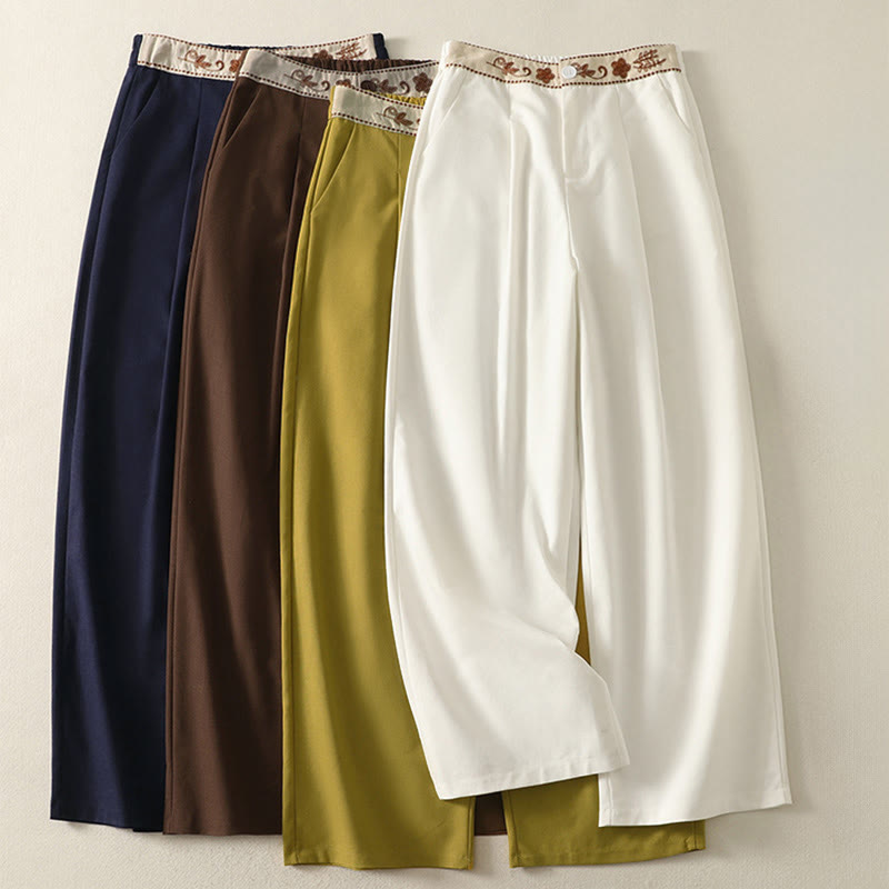 Buddha Stones Women's Embroidery Elastic Waistband Zipper Design Cotton Wide Leg Pants With Pockets - image 0