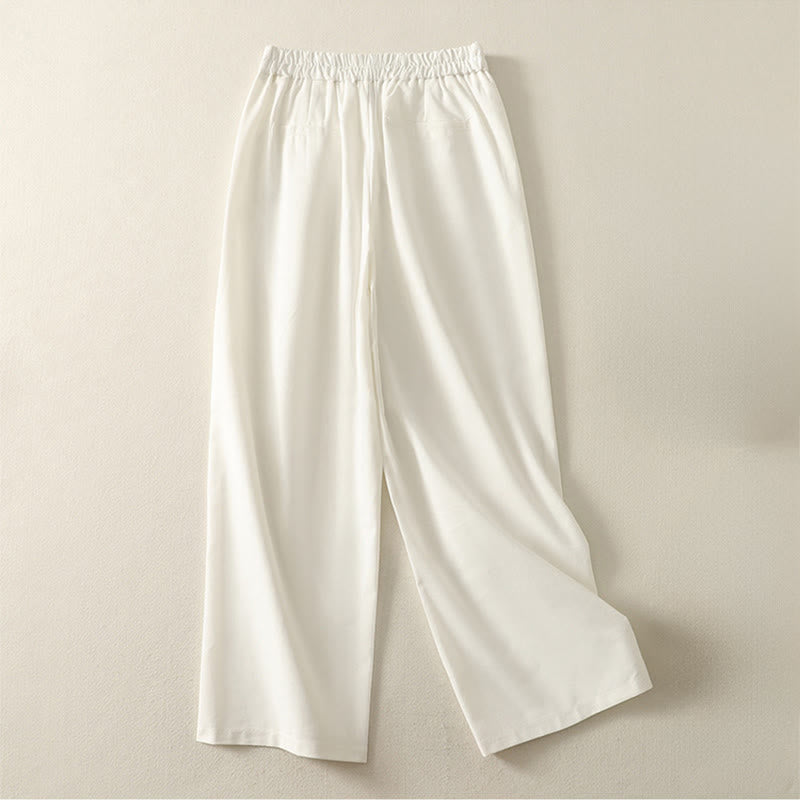 Buddha Stones Women's Embroidery Elastic Waistband Zipper Design Cotton Wide Leg Pants With Pockets - image 2