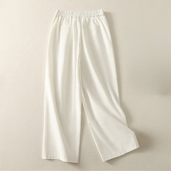 Buddha Stones Women's Embroidery Elastic Waistband Zipper Design Cotton Wide Leg Pants With Pockets - image 2