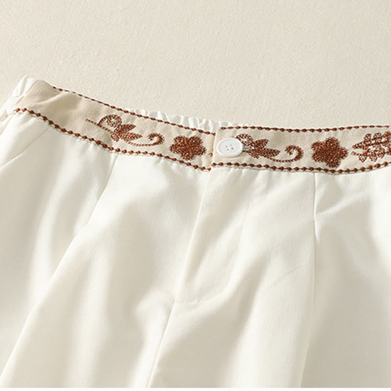 Buddha Stones Women's Embroidery Elastic Waistband Zipper Design Cotton Wide Leg Pants With Pockets - image 4