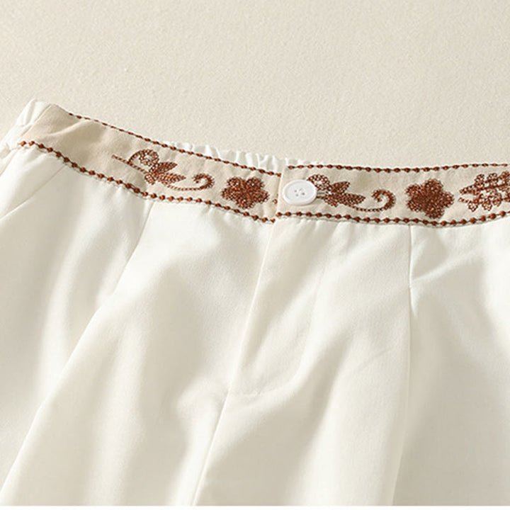 Buddha Stones Women's Embroidery Elastic Waistband Zipper Design Cotton Wide Leg Pants With Pockets - image 4