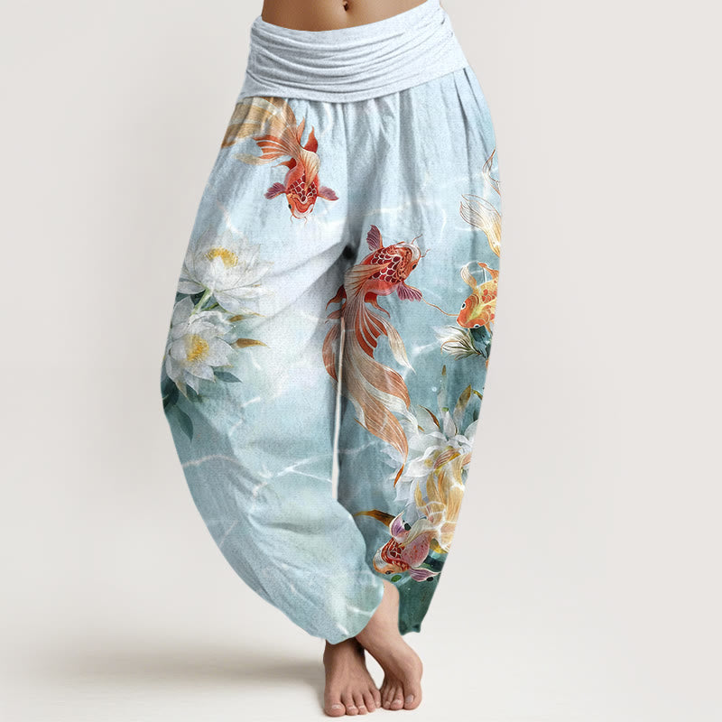 Buddha Stones Pure Cotton Light-Colored Koi Fish Lotus Flower Pattern Women's Elastic Waist Harem Pants - LightCyan - US16，UK/AU20，EU48 (3XL) - image 0