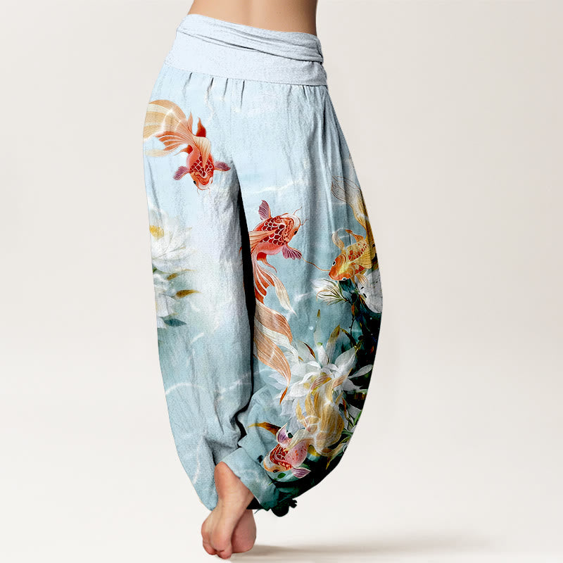 Buddha Stones Pure Cotton Light-Colored Koi Fish Lotus Flower Pattern Women's Elastic Waist Harem Pants - image 1
