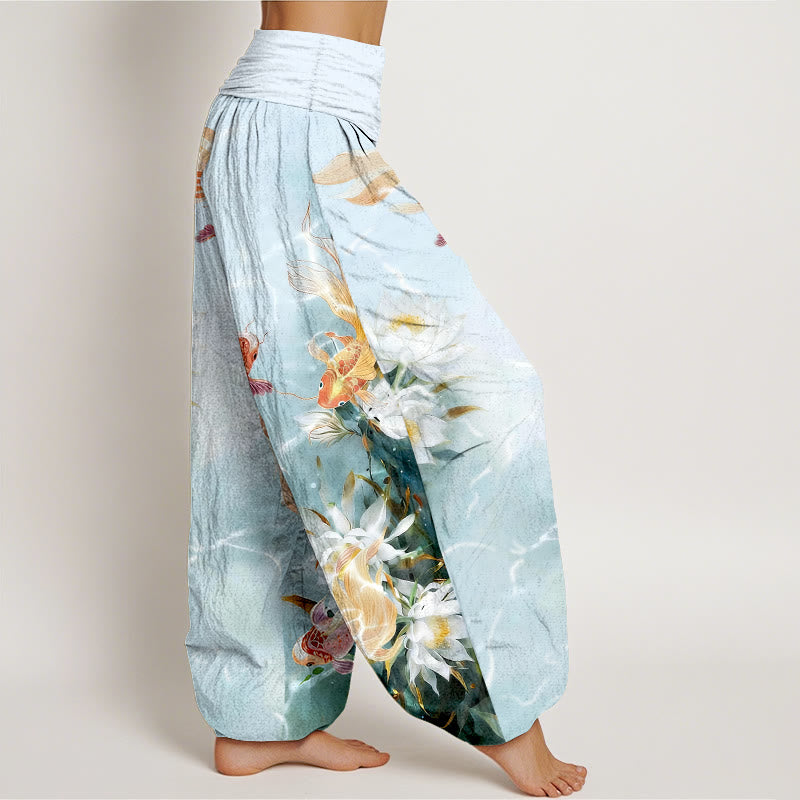 Buddha Stones Pure Cotton Light-Colored Koi Fish Lotus Flower Pattern Women's Elastic Waist Harem Pants - image 2