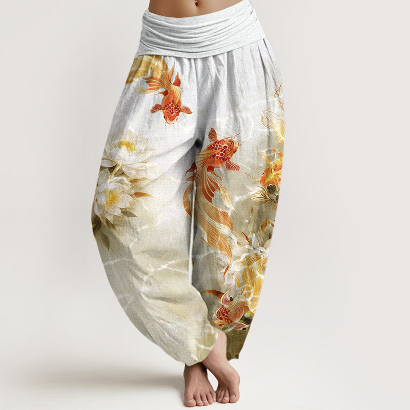 Buddha Stones Pure Cotton Light-Colored Koi Fish Lotus Flower Pattern Women's Elastic Waist Harem Pants - LightYellow - US16，UK/AU20，EU48 (3XL) - image 5