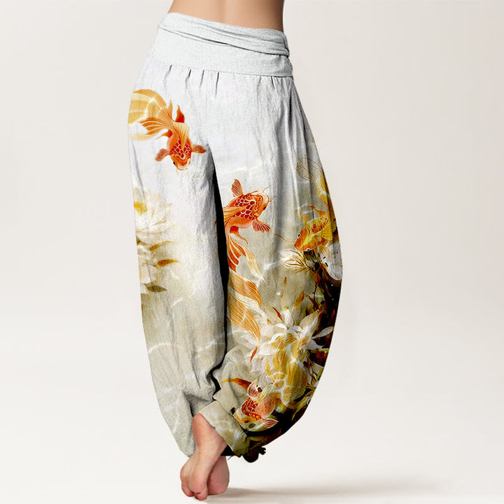 Buddha Stones Pure Cotton Light-Colored Koi Fish Lotus Flower Pattern Women's Elastic Waist Harem Pants - image 6
