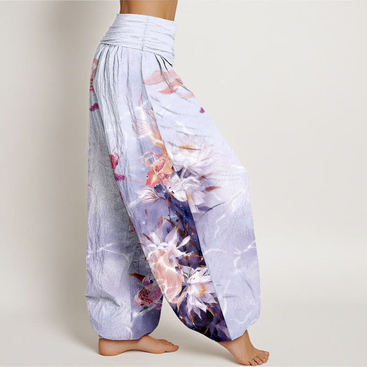Buddha Stones Pure Cotton Light-Colored Koi Fish Lotus Flower Pattern Women's Elastic Waist Harem Pants - image 10