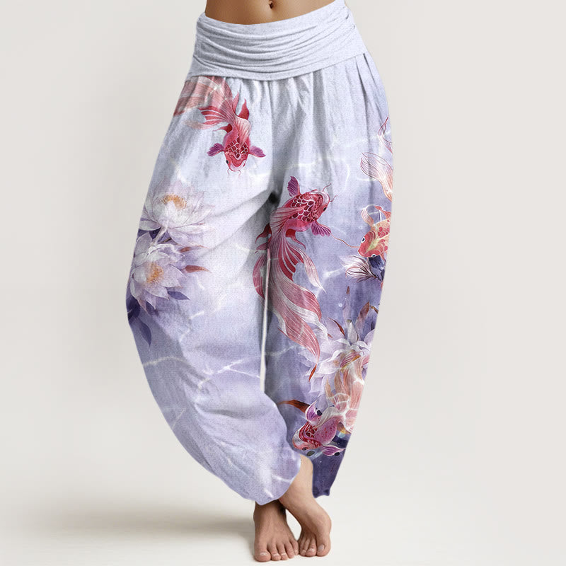 Buddha Stones Pure Cotton Light-Colored Koi Fish Lotus Flower Pattern Women's Elastic Waist Harem Pants - Lavender - US16，UK/AU20，EU48 (3XL) - image 8