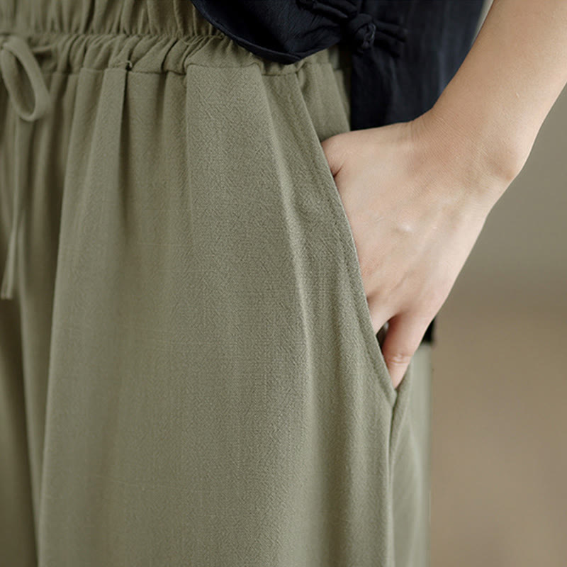 Buddha Stones Women's Pure Color Drawstring Cotton Linen Wide Leg Ankle-Length Pants With Pockets - image 7