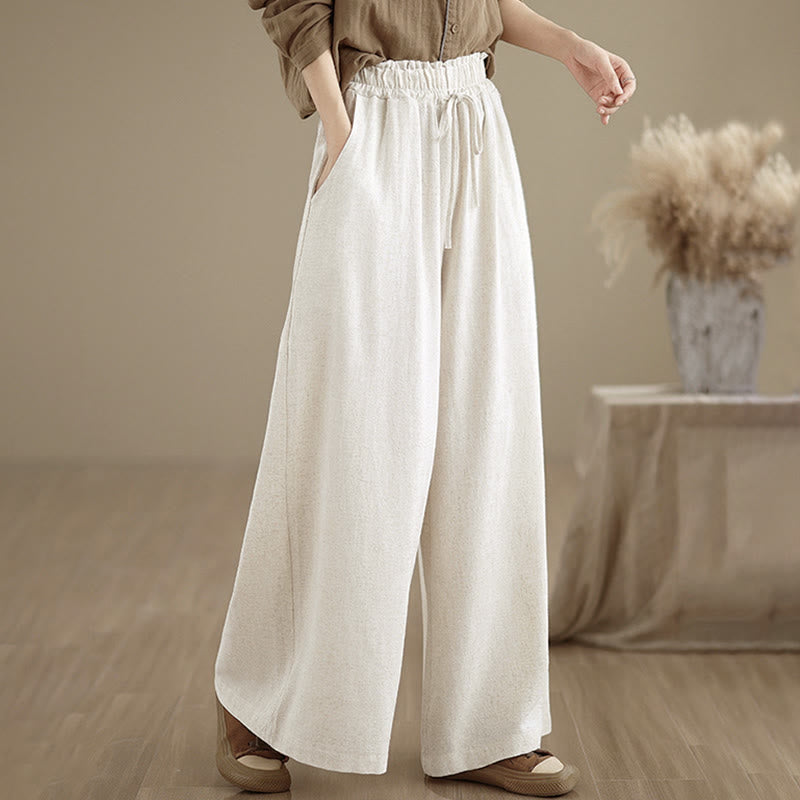 Buddha Stones Women's Pure Color Drawstring Cotton Linen Wide Leg Ankle-Length Pants With Pockets - image 18