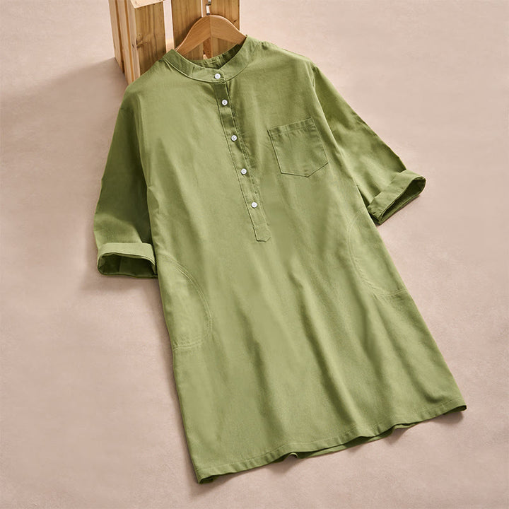 Buddha Stones Fall Solid Color Buttons Design Three Quarter Sleeve Cotton Women's Shirts With Pockets - YellowGreen - US14，UK/AU18，EU46 (2XL) - image 6