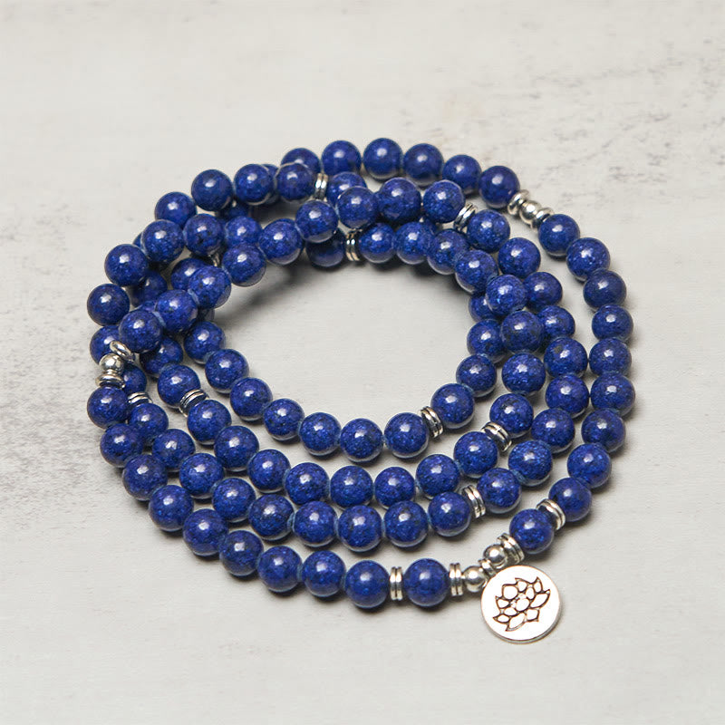 Buddha Stones 108 Beads Lazurite Lotus Symbol Charm Positive Mala - image 1